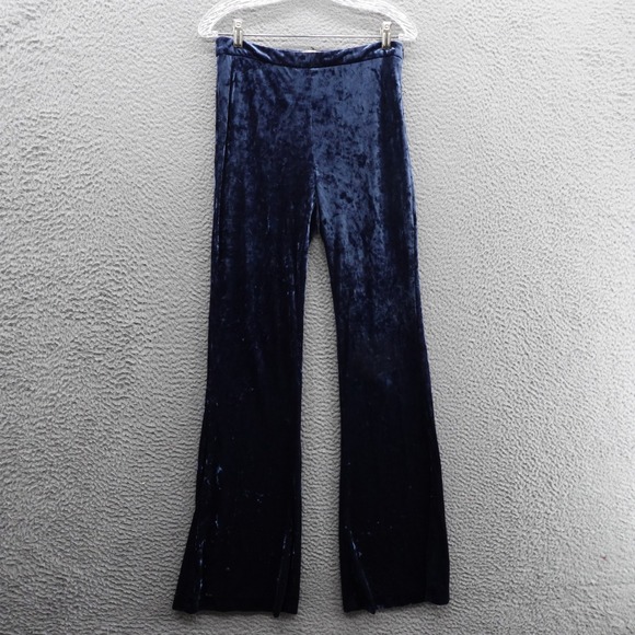 Zara‎ Crushed Velvet Flare Leg Pants Medium Blue Womens Side Zip Festival - Picture 1 of 13